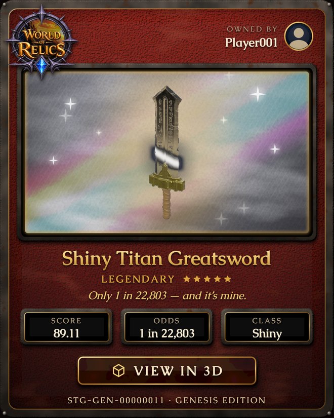 A share card: the relic in its case, its name, rarity and odds, and its serial